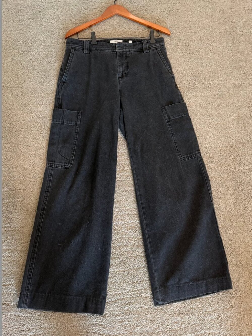 Vince Utility Wide Leg Cargo Jeans in Washed Black, Size 8